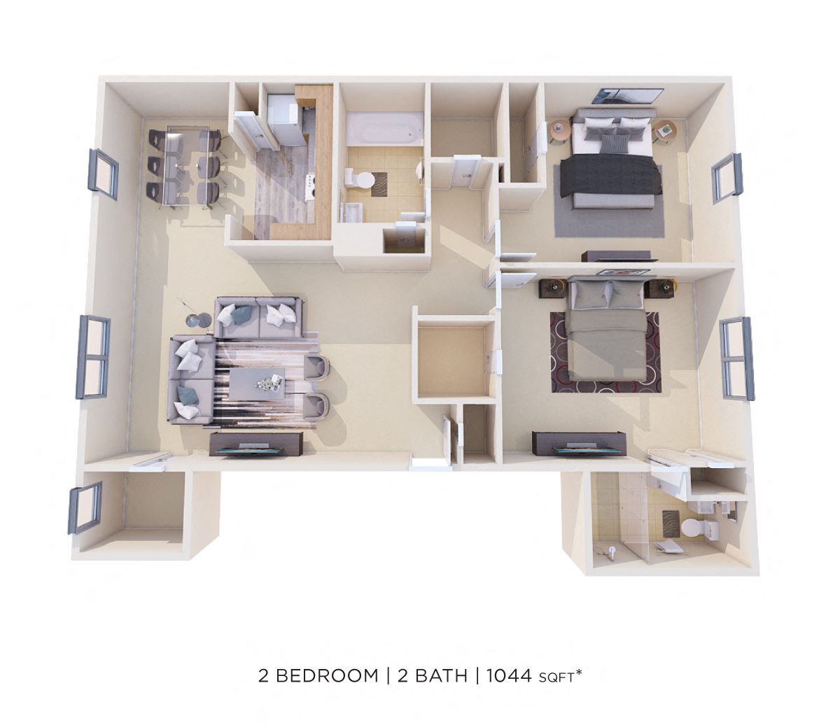 Floor plan for 2 beds, 2 baths, 1044 sqft