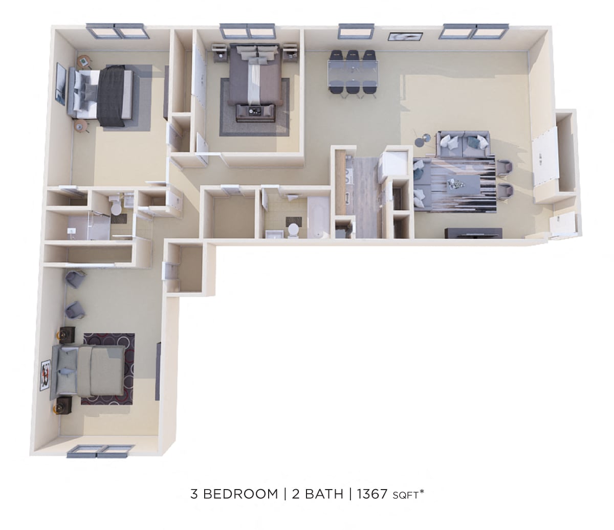 Floor plan for 3 beds, 2 baths, 1367 sqft