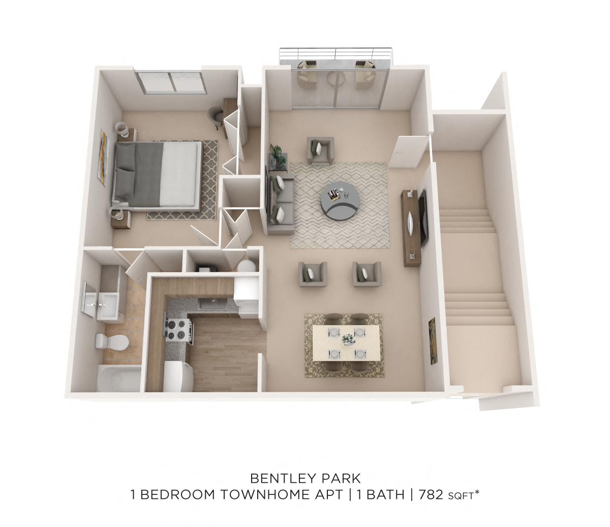 Floor plan for 1 bed, 1 bath, 782 sqft