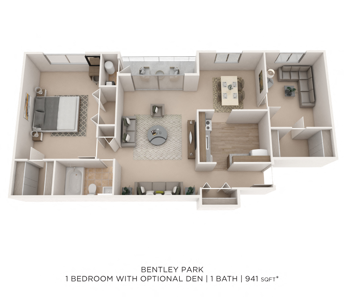 Floor plan for 1 bed, 1 bath, 941 sqft