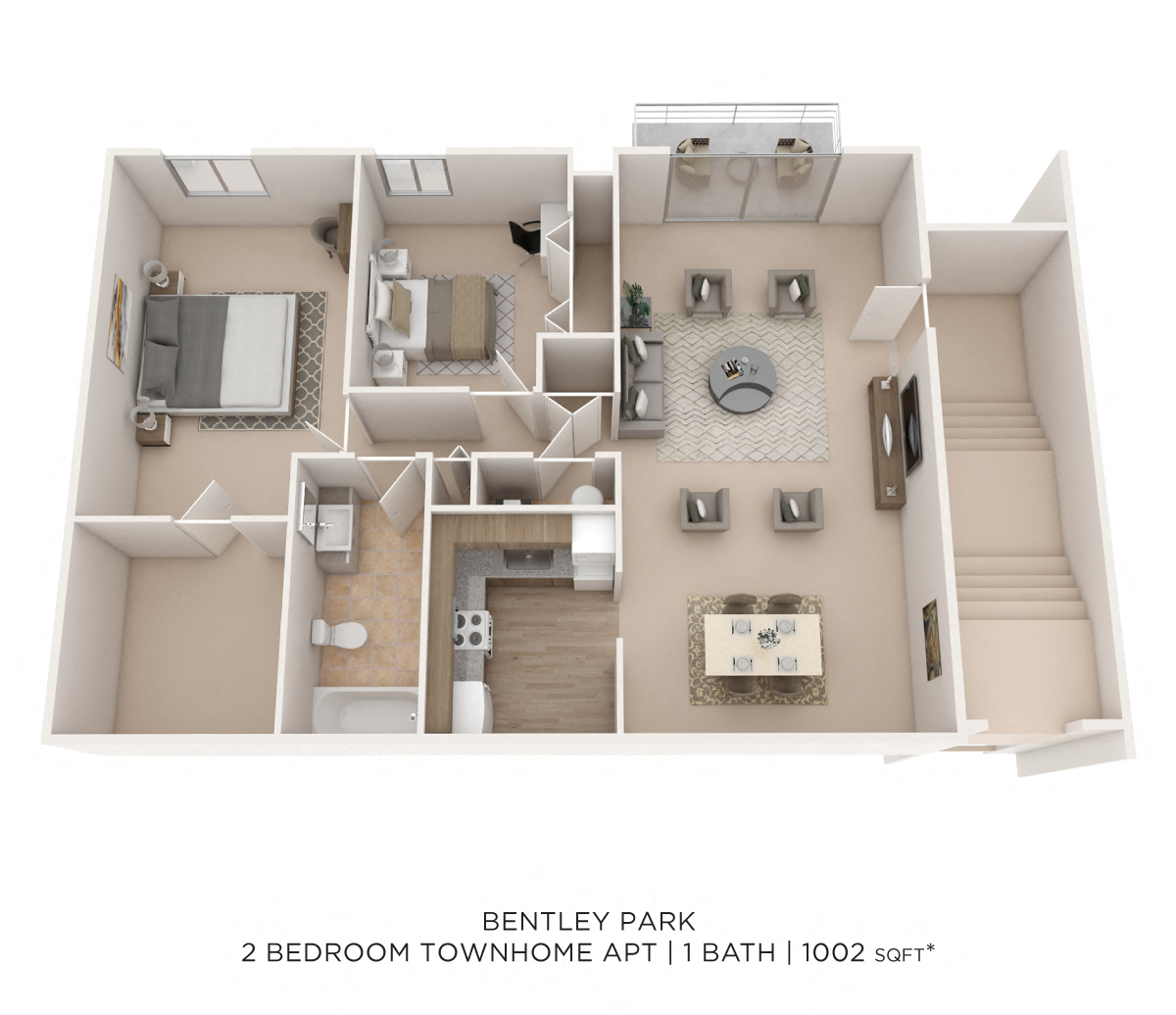 Floor plan for 2 beds, 1 bath, 1002 sqft