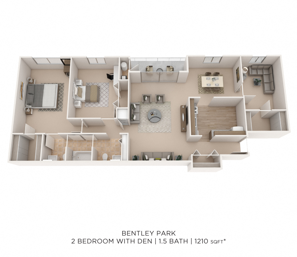 Floor plan for 2 beds, 1.5 baths, 1225 sqft