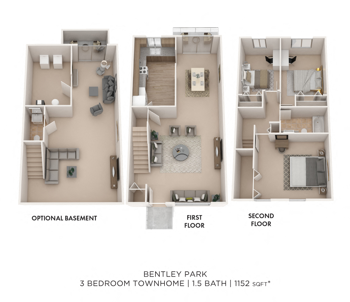Floor plan for 3 beds, 1.5 baths, 1152 sqft