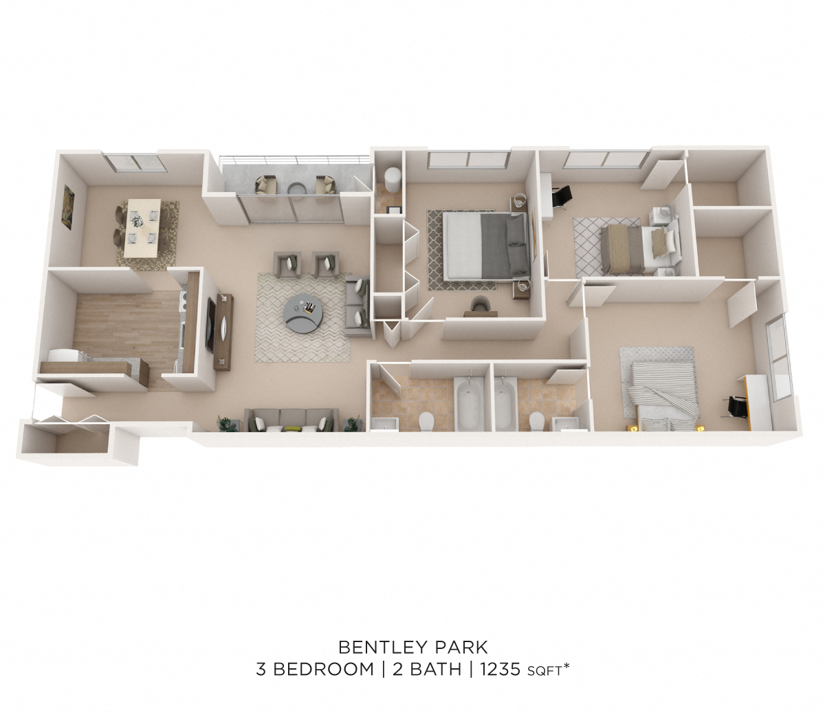 Floor plan for 3 beds, 2 baths, 1235 sqft