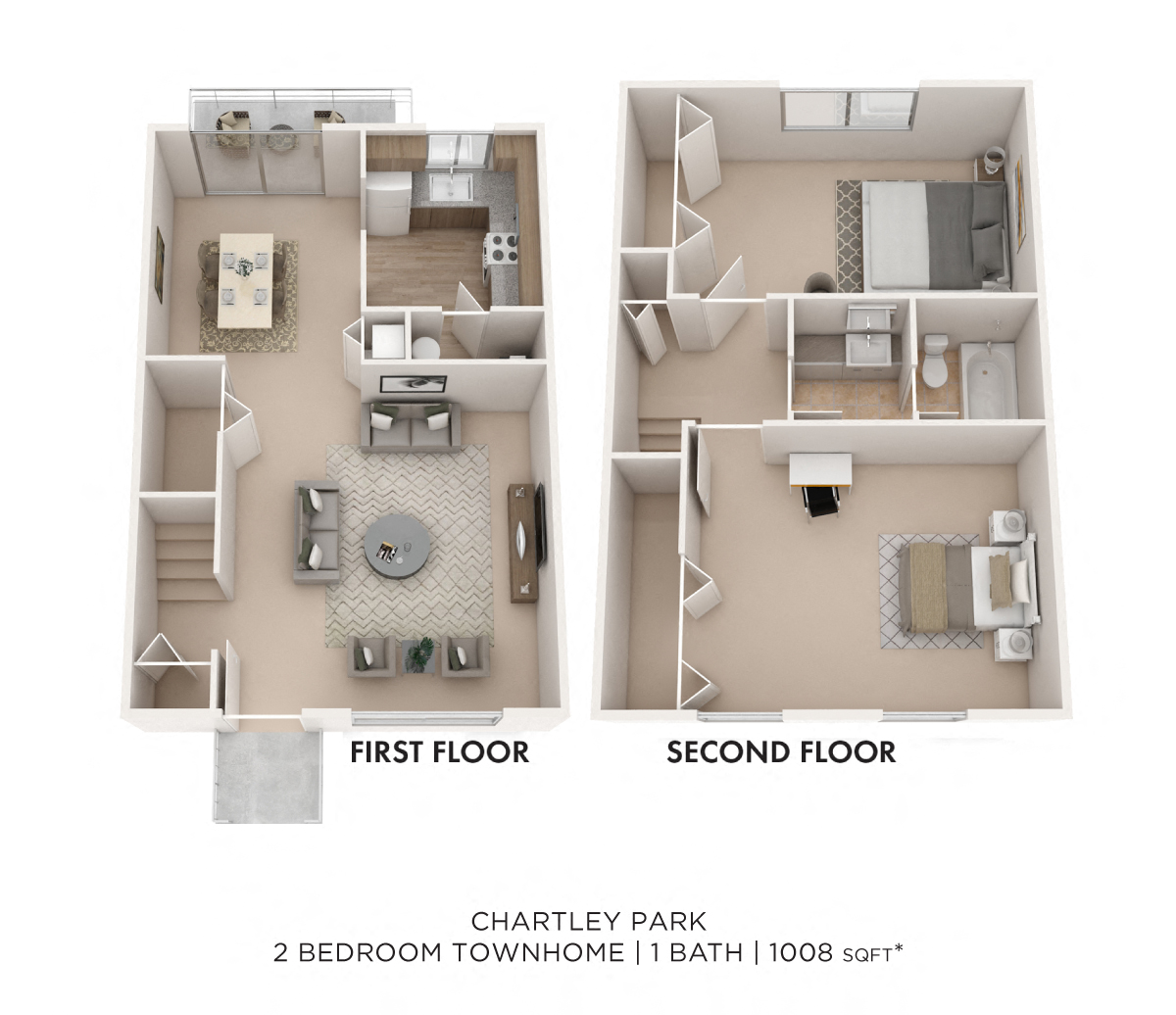 Floor plan for 2 beds, 1 bath, 1008 sqft