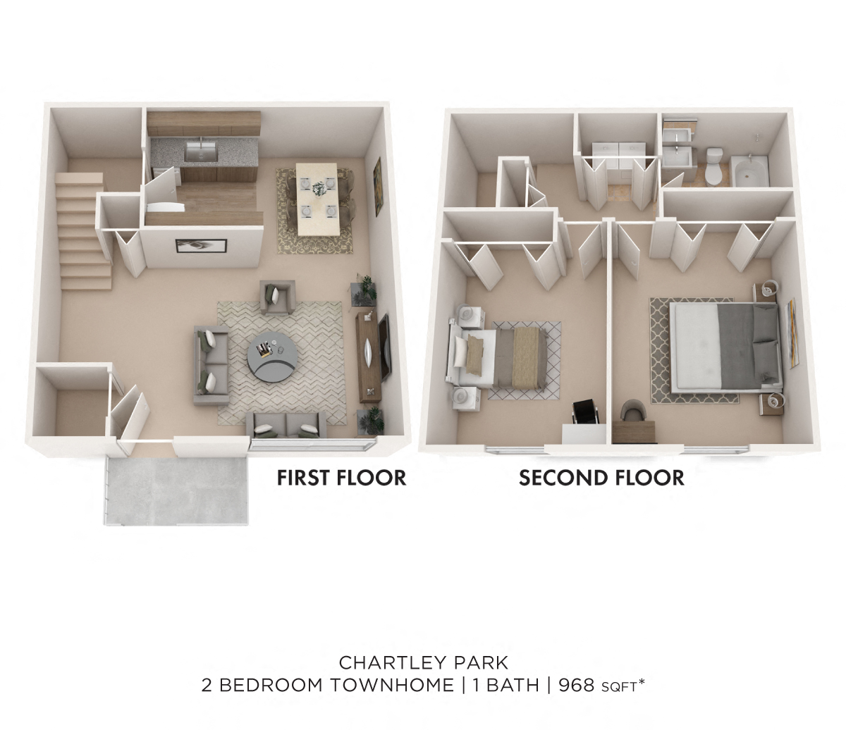 Floor plan for 2 beds, 1 bath, 968 sqft