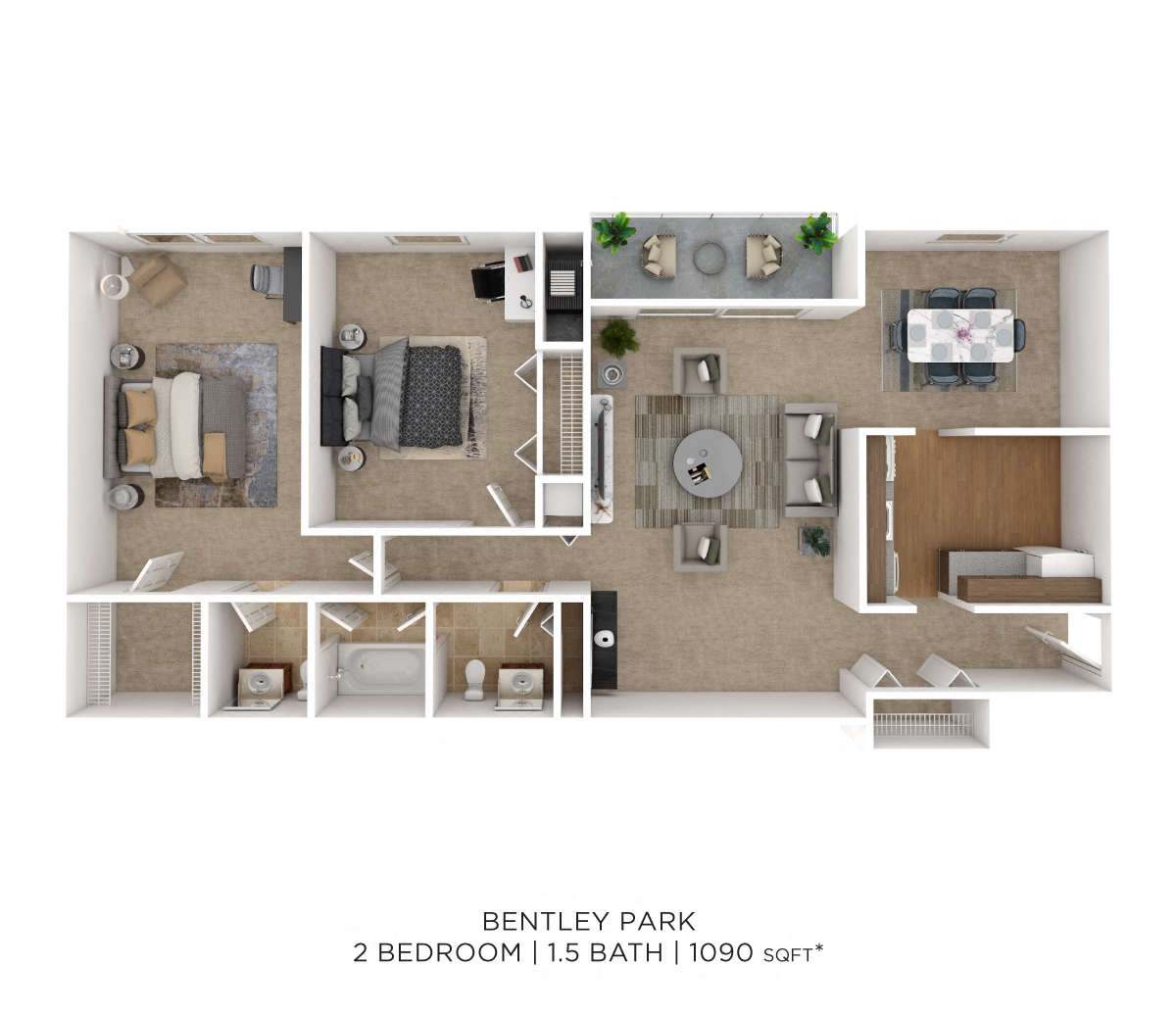 Floor plan for 2 beds, 1.5 baths, 1090 sqft