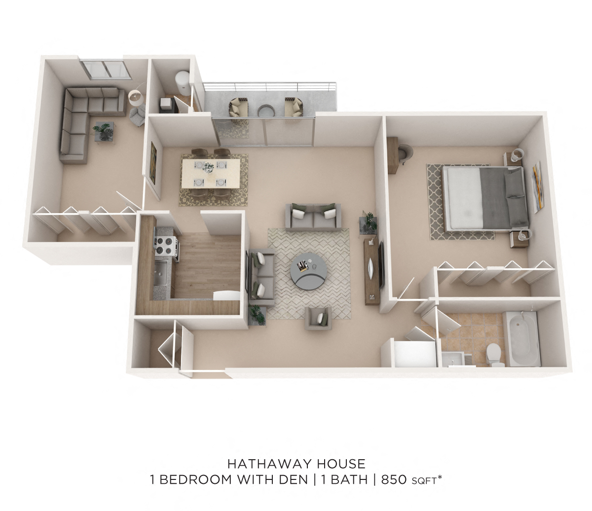 Floor plan for 1 bed, 1 bath, 882 sqft