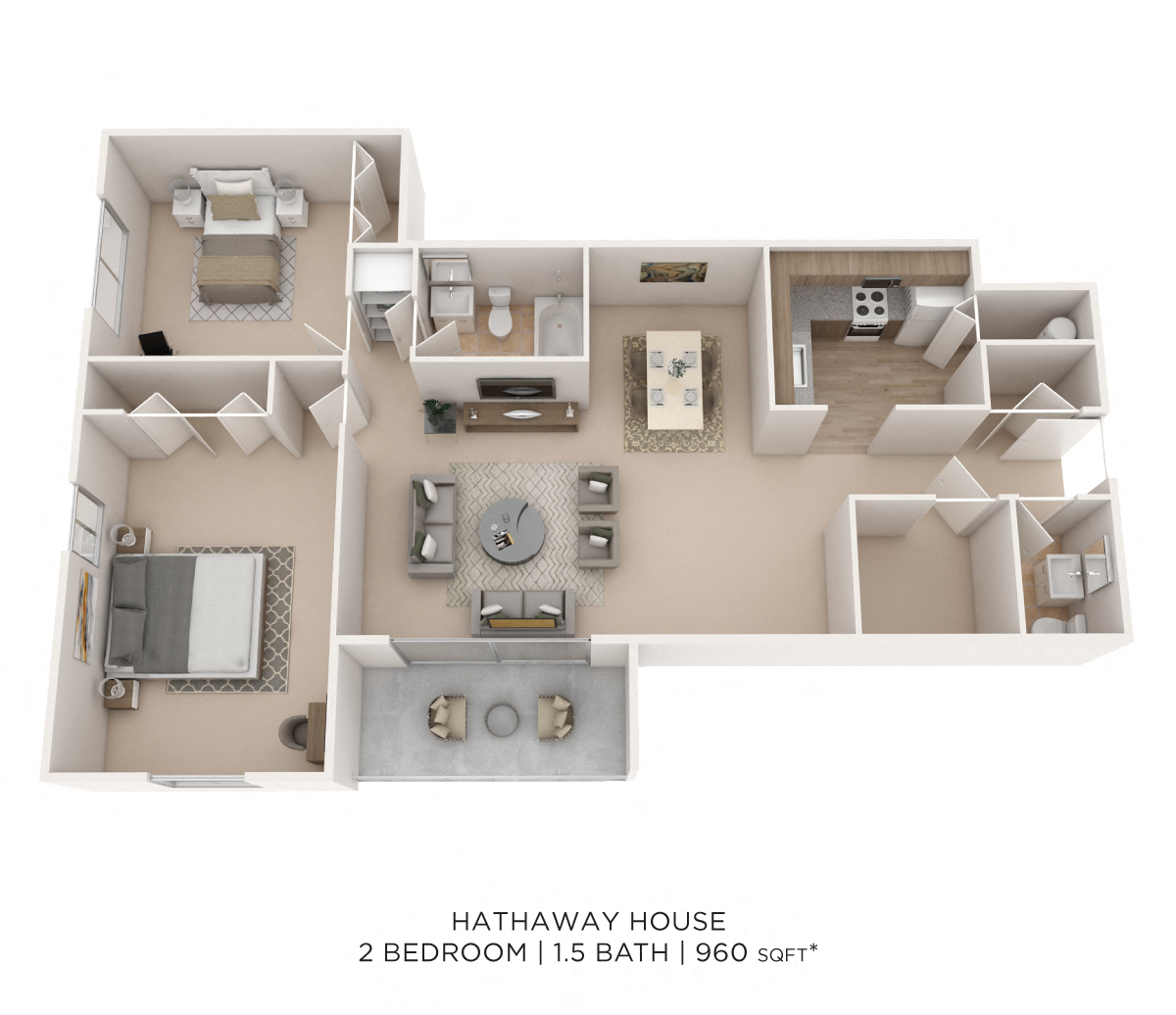Floor plan for 2 beds, 1.5 baths, 960 sqft