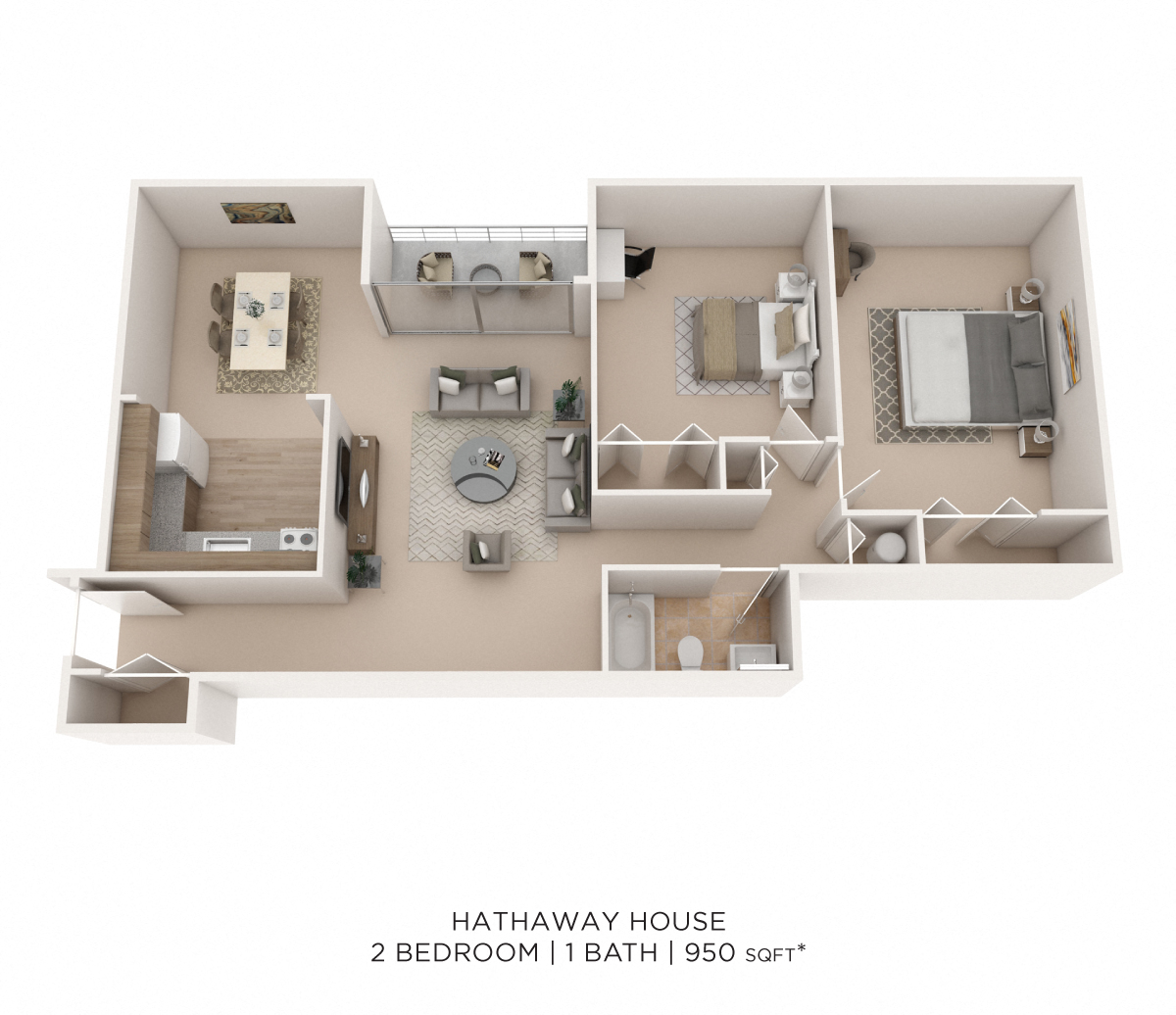 Floor plan for 2 beds, 1 bath, 950 sqft