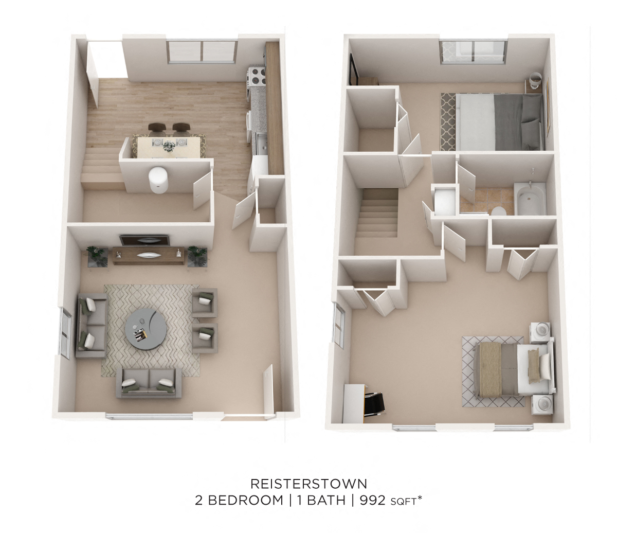Floor plan for 2 beds, 1 bath, 992 sqft