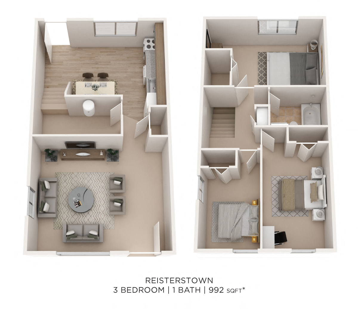 Floor plan for 3 beds, 1 bath, 992 sqft