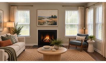 Owings Mills apartment for rent - A cozy living room with a fireplace and a painting on the wall.