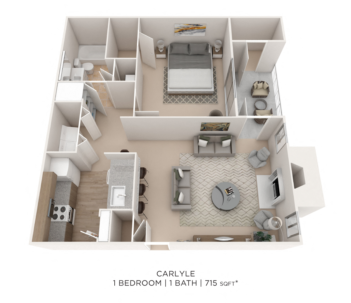 Floor plan for 1 bed, 1 bath, 715 sqft