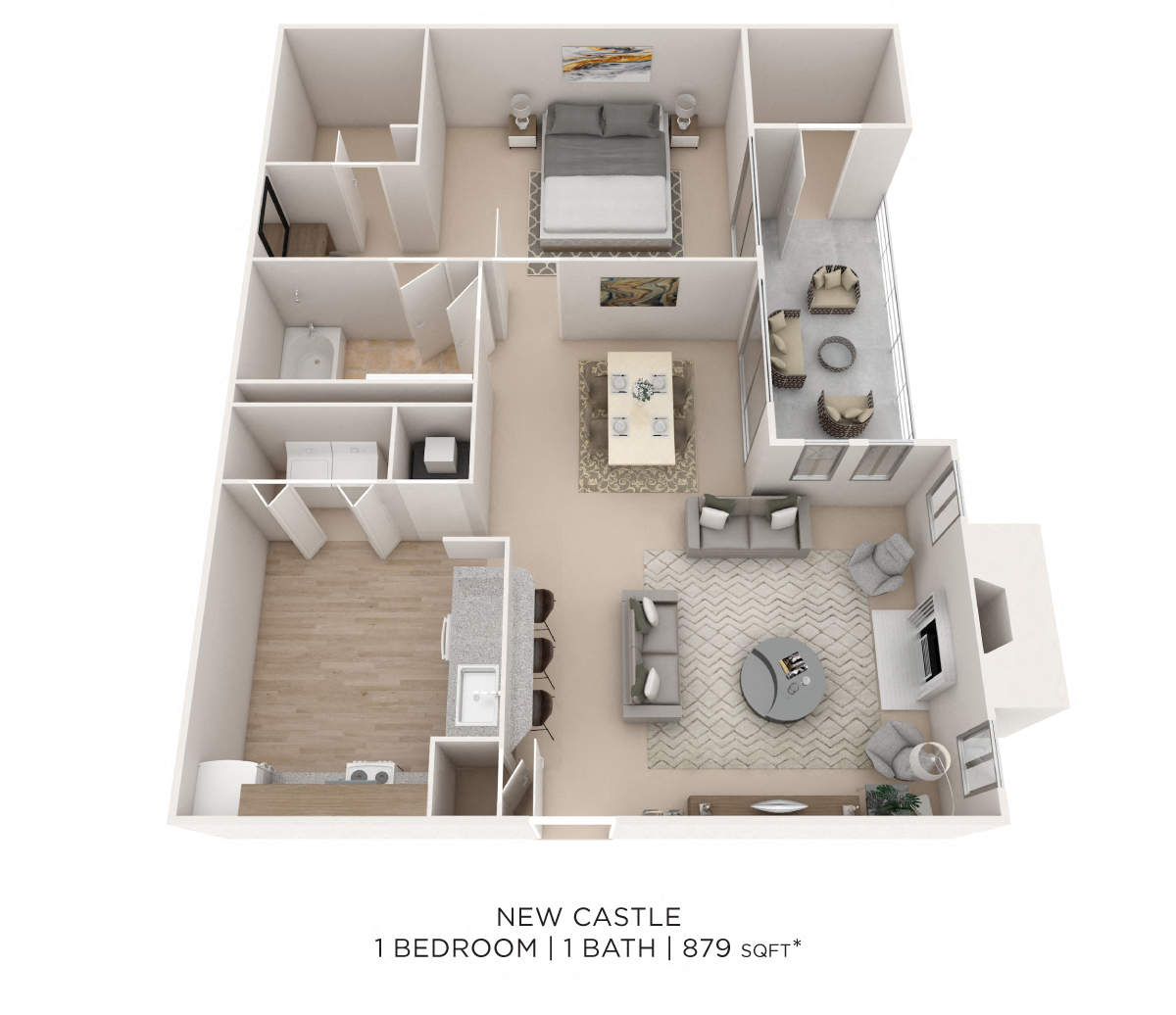 Floor plan for 1 bed, 1 bath, 879 sqft