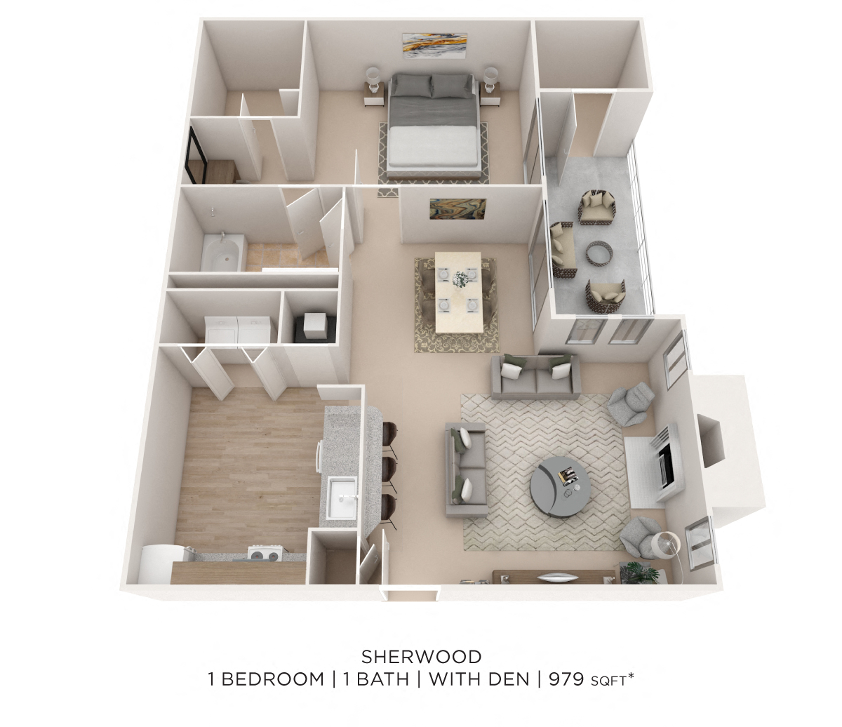 Floor plan for 1 bed, 1 bath, 979 sqft