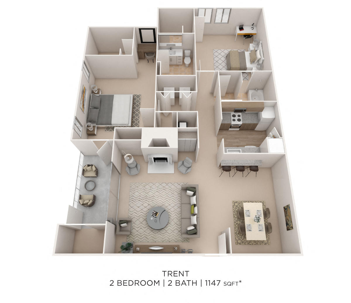 Floor plan for 2 beds, 2 baths, 1147 sqft