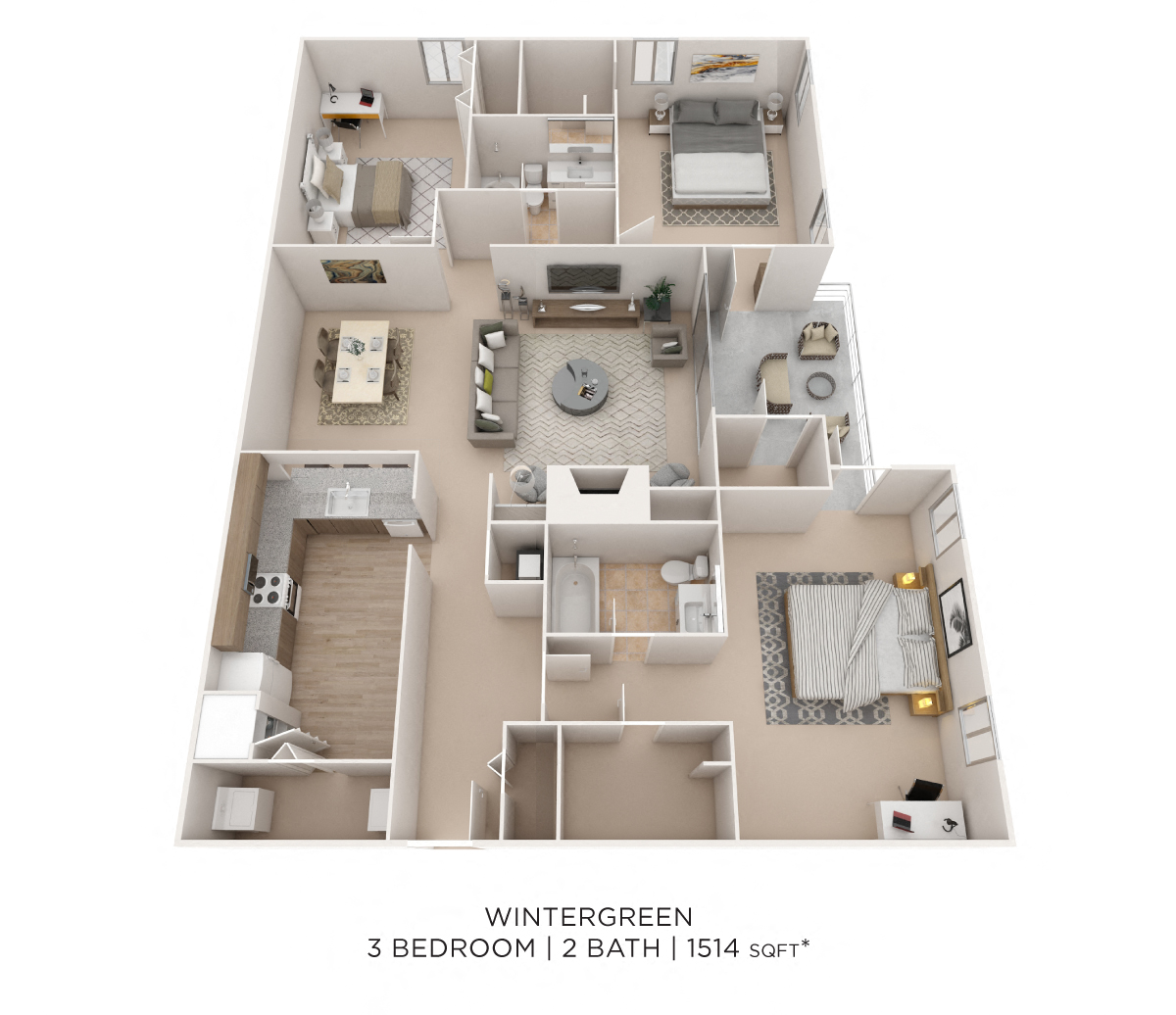 Floor plan for 3 beds, 2 baths, 1524 sqft