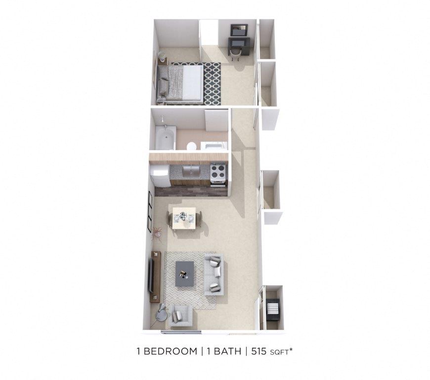 Floor plan for 1 bed, 1 bath, 515 sqft