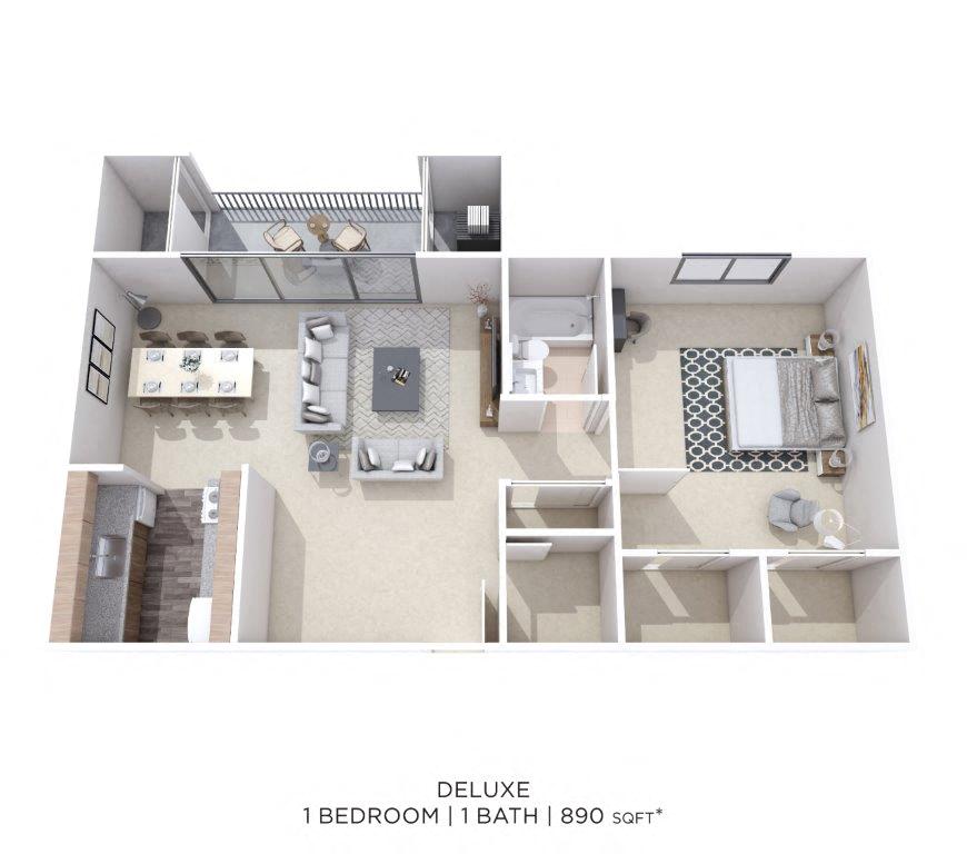 Floor plan for 1 bed, 1 bath, 891 sqft