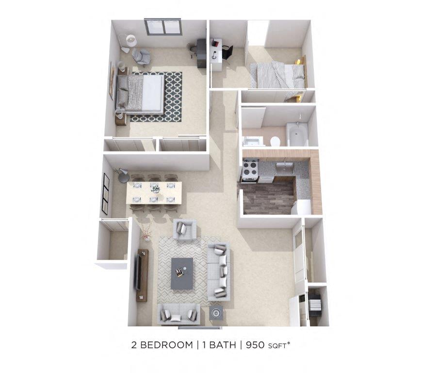 Floor plan for 2 beds, 1 bath, 950 sqft