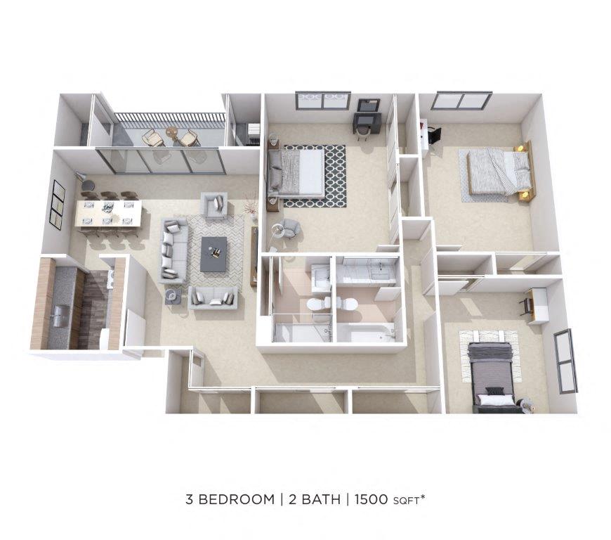 Floor plan for 3 beds, 2 baths, 1500 sqft