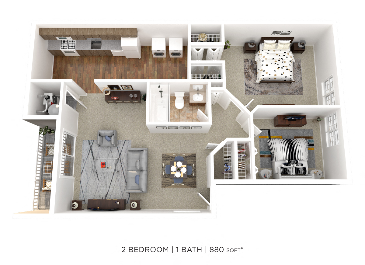 Floor plan for 2 beds, 1 bath, 880 sqft