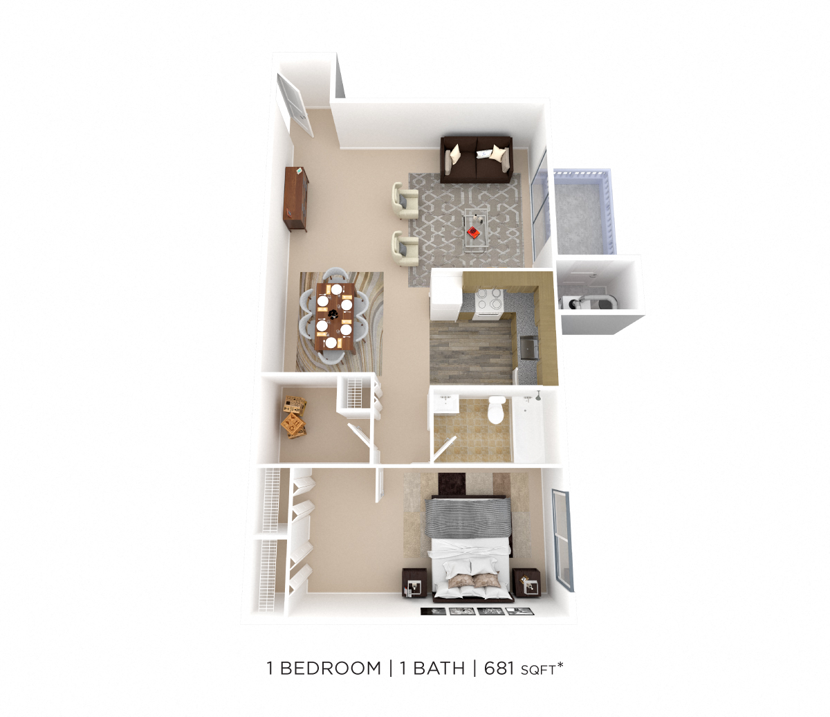 Floor plan for 1 bed, 1 bath, 681 sqft