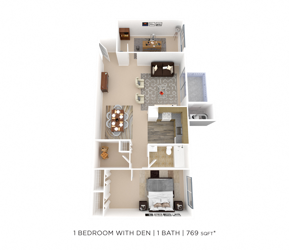 Floor plan for 1 bed, 1 bath, 769 sqft
