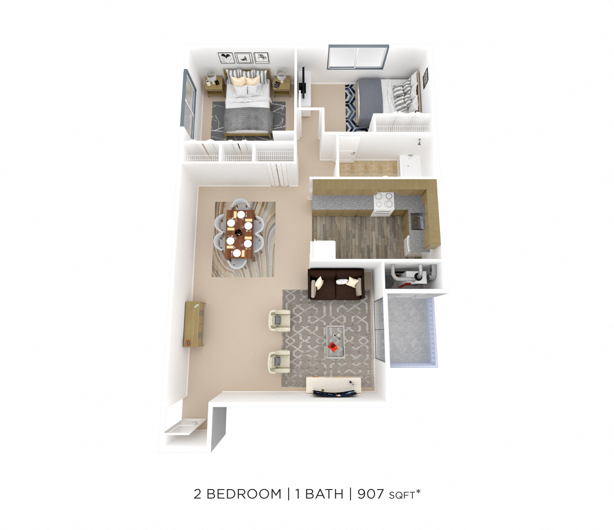 Floor plan for 2 beds, 1 bath, 907 sqft