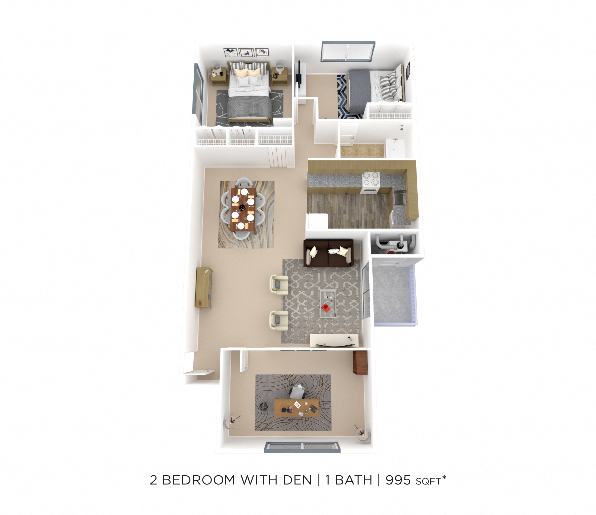 Floor plan for 2 beds, 1 bath, 995 sqft
