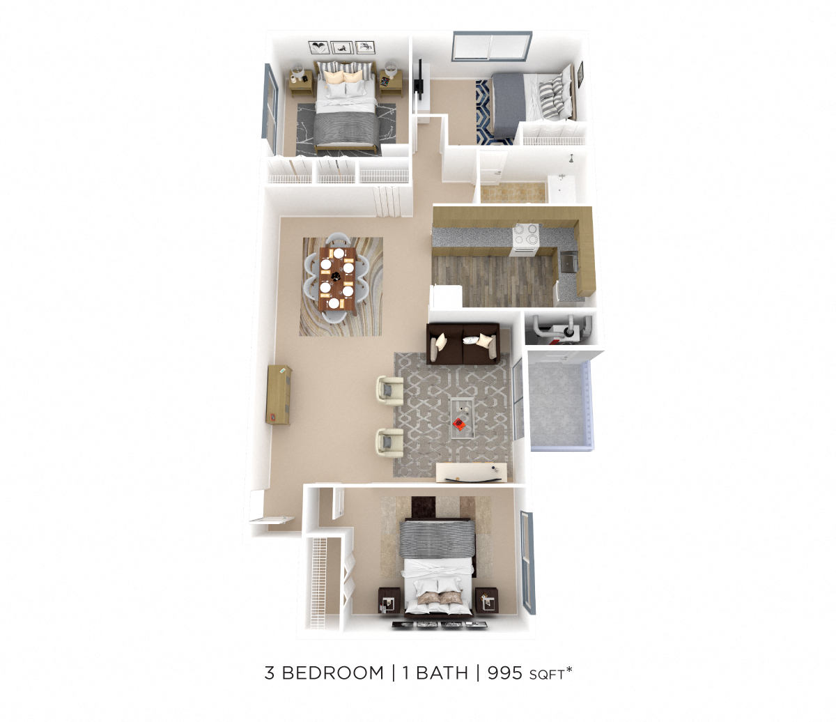 Floor plan for 3 beds, 1 bath, 995 sqft