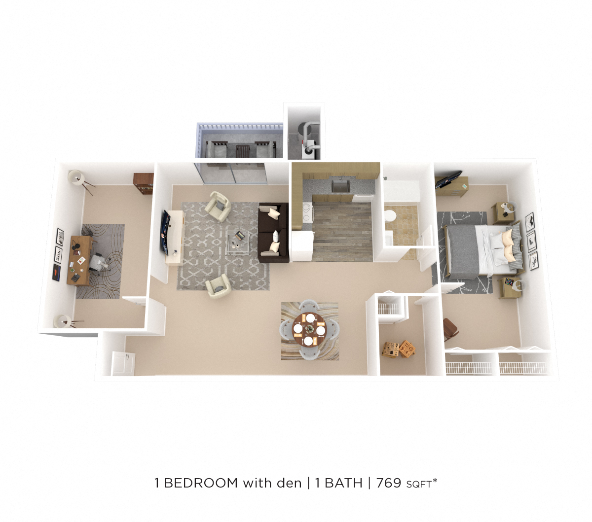 Floor plan for 1 bed, 1 bath, 769 sqft