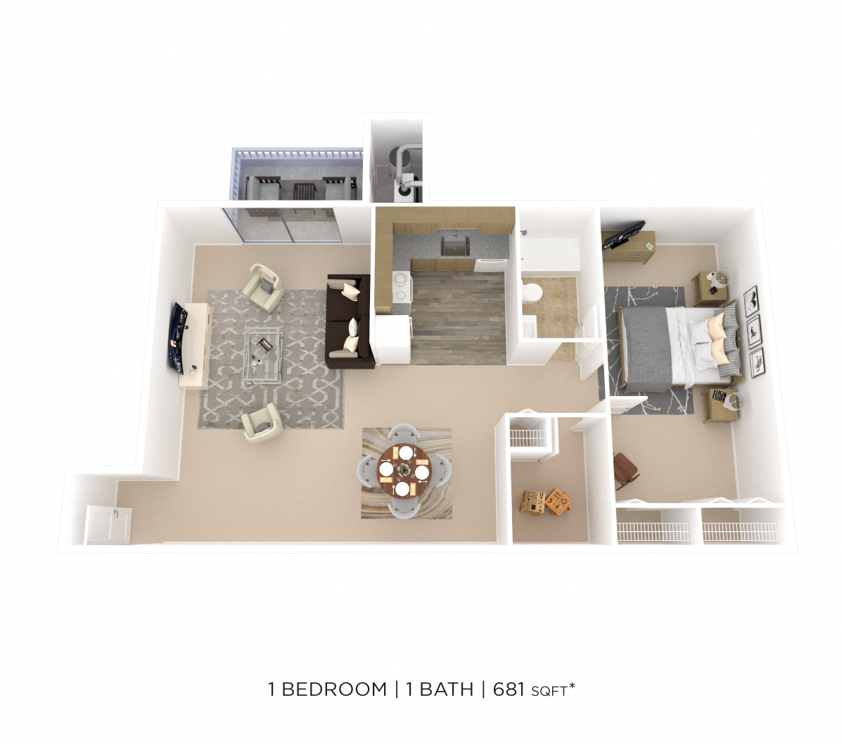 Floor plan for 1 bed, 1 bath, 681 sqft