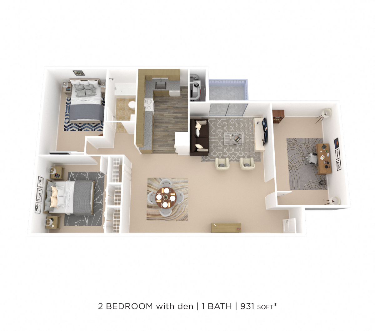 Floor plan for 2 beds, 1 bath, 931 sqft