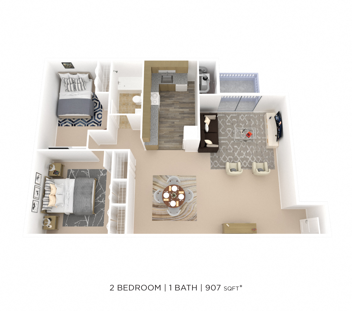 Floor plan for 2 beds, 1 bath, 907 sqft