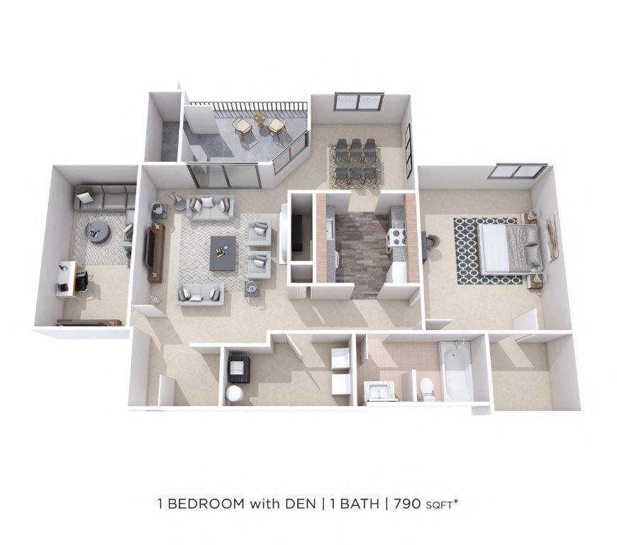 Floor plan for 1 bed, 1 bath, 790 sqft