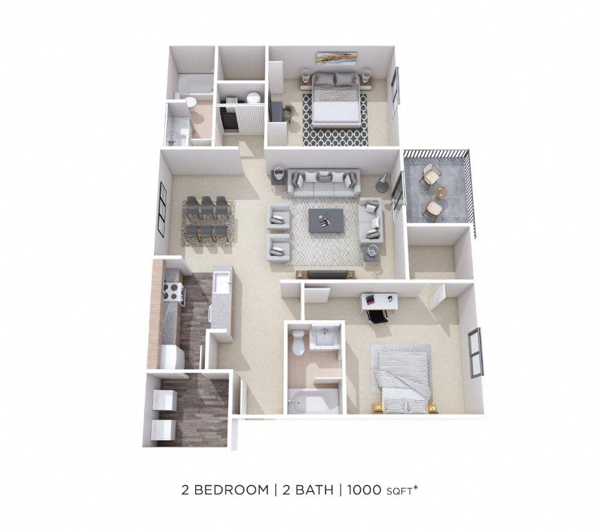 Floor plan for 2 beds, 2 baths, 1000 sqft