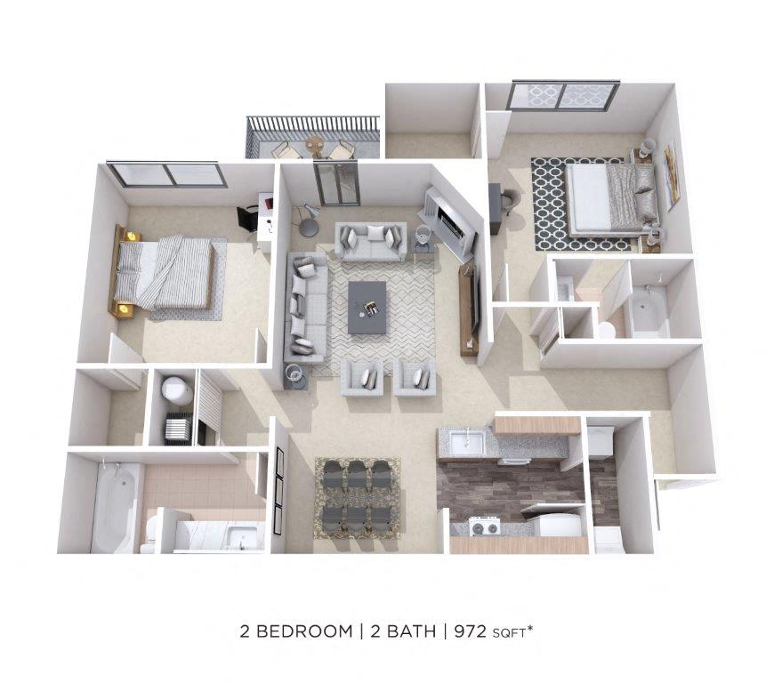 Floor plan for 2 beds, 2 baths, 972 sqft