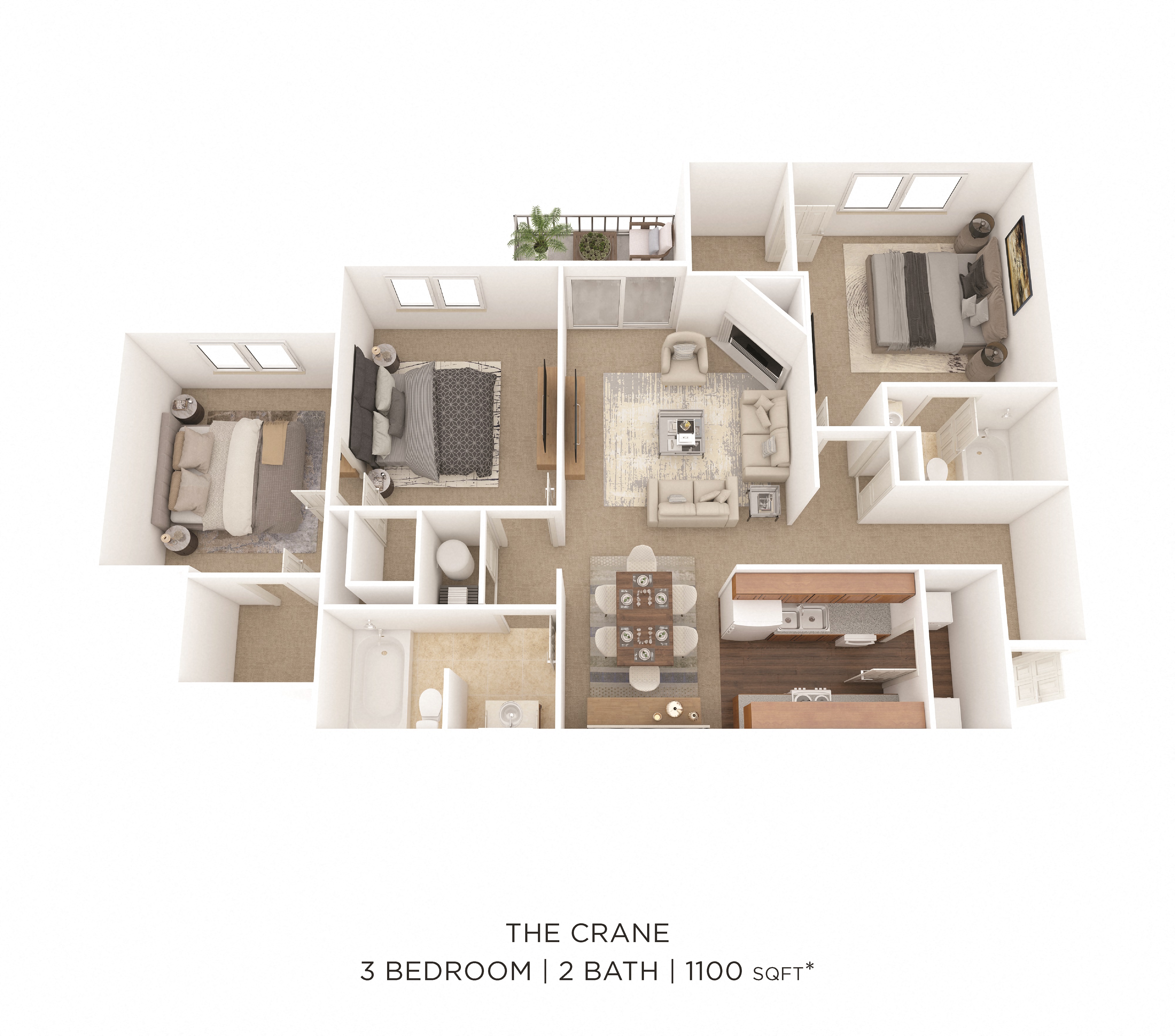 Floor plan for 3 beds, 2 baths, 1110 sqft