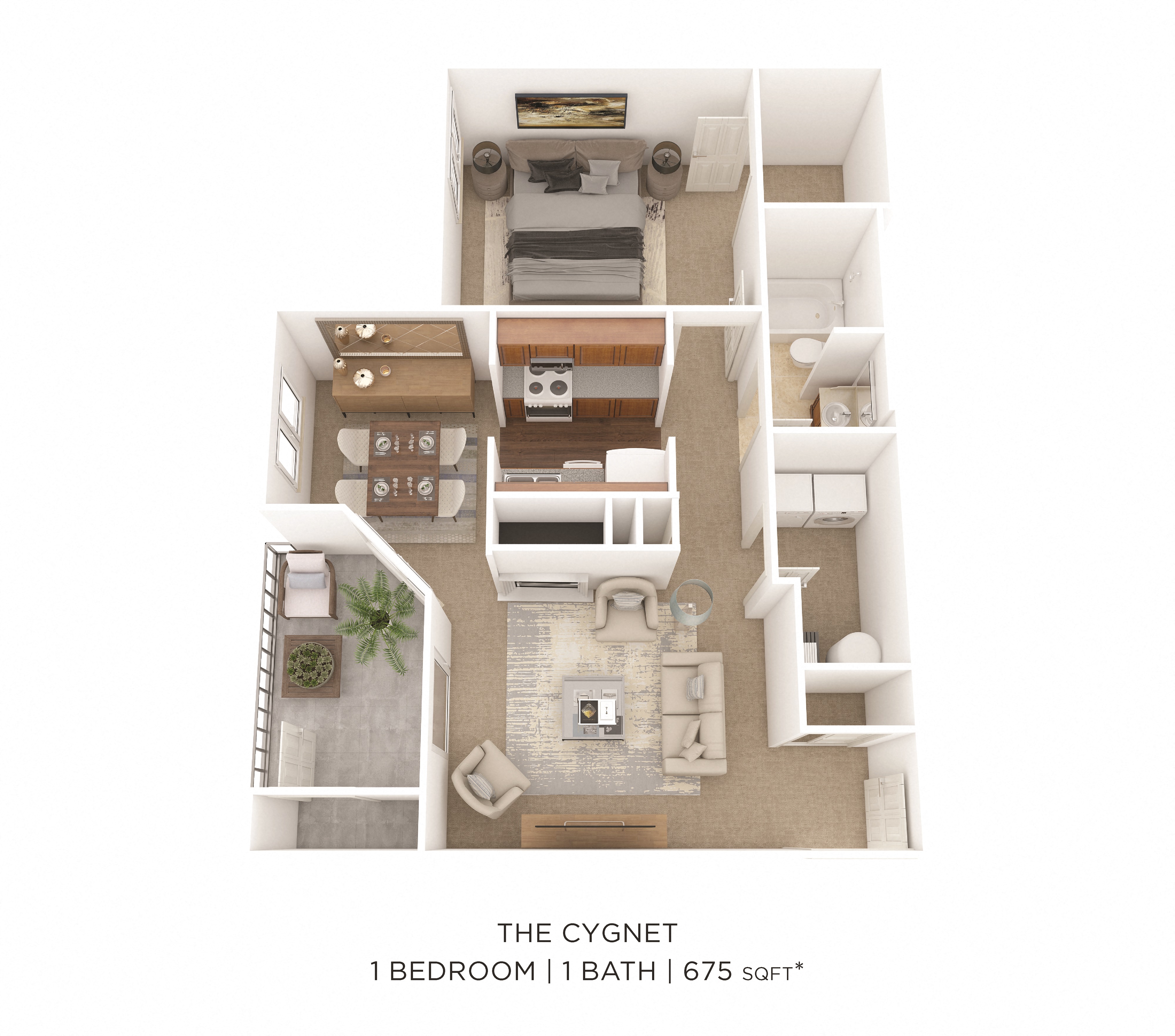 Floor plan for 1 bed, 1 bath, 675 sqft