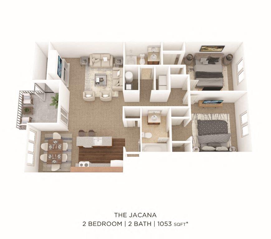 Floor plan for 2 beds, 2 baths, 1053 sqft