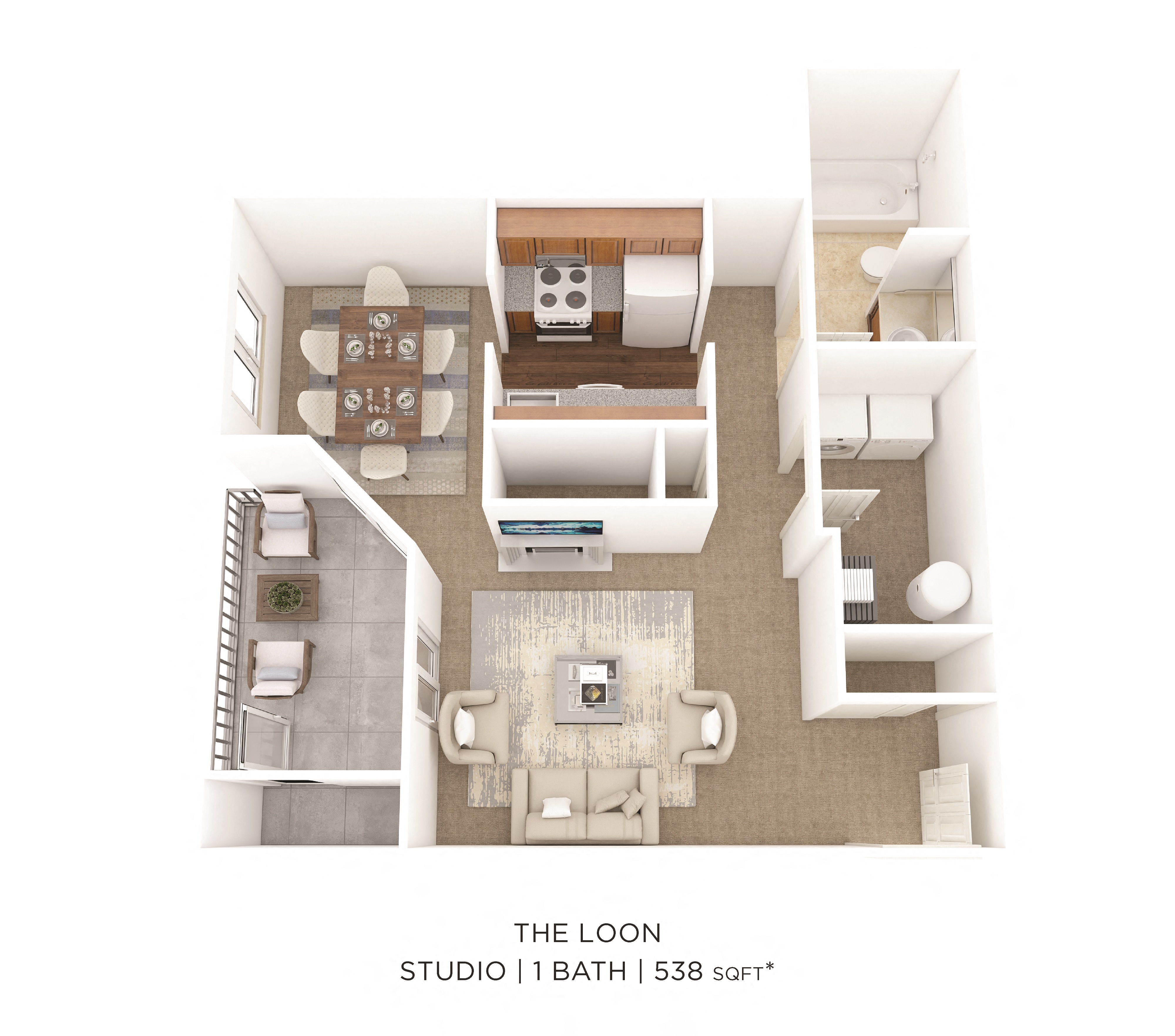 Floor plan for studio, 1 bath, 538 sqft
