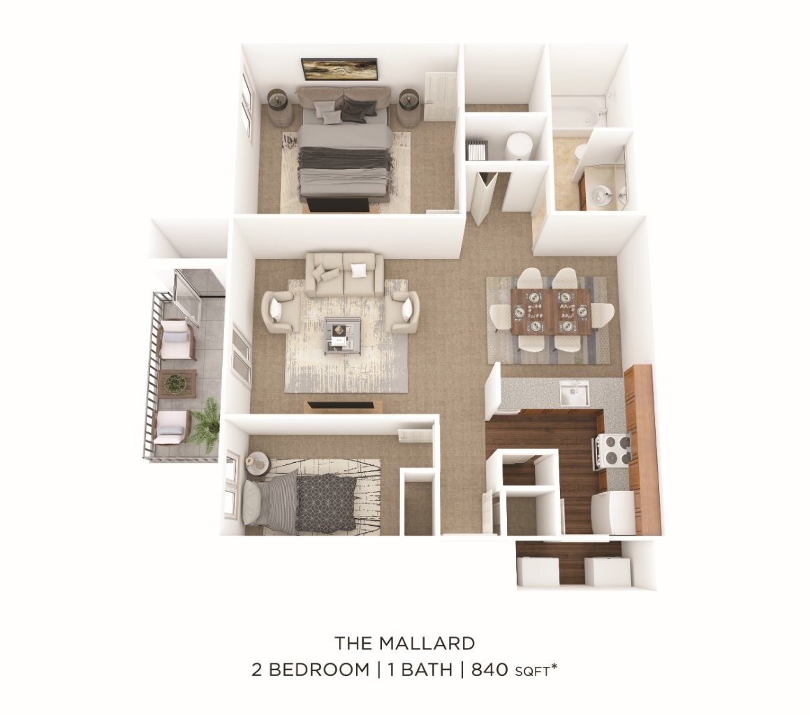Floor plan for 2 beds, 1 bath, 840 sqft