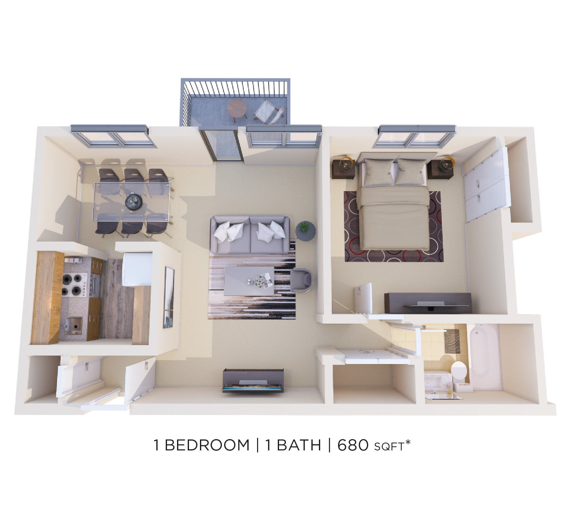 Floor plan for 1 bed, 1 bath, 680 sqft