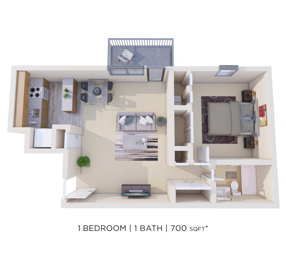 Floor plan for 1 bed, 1 bath, 700 sqft