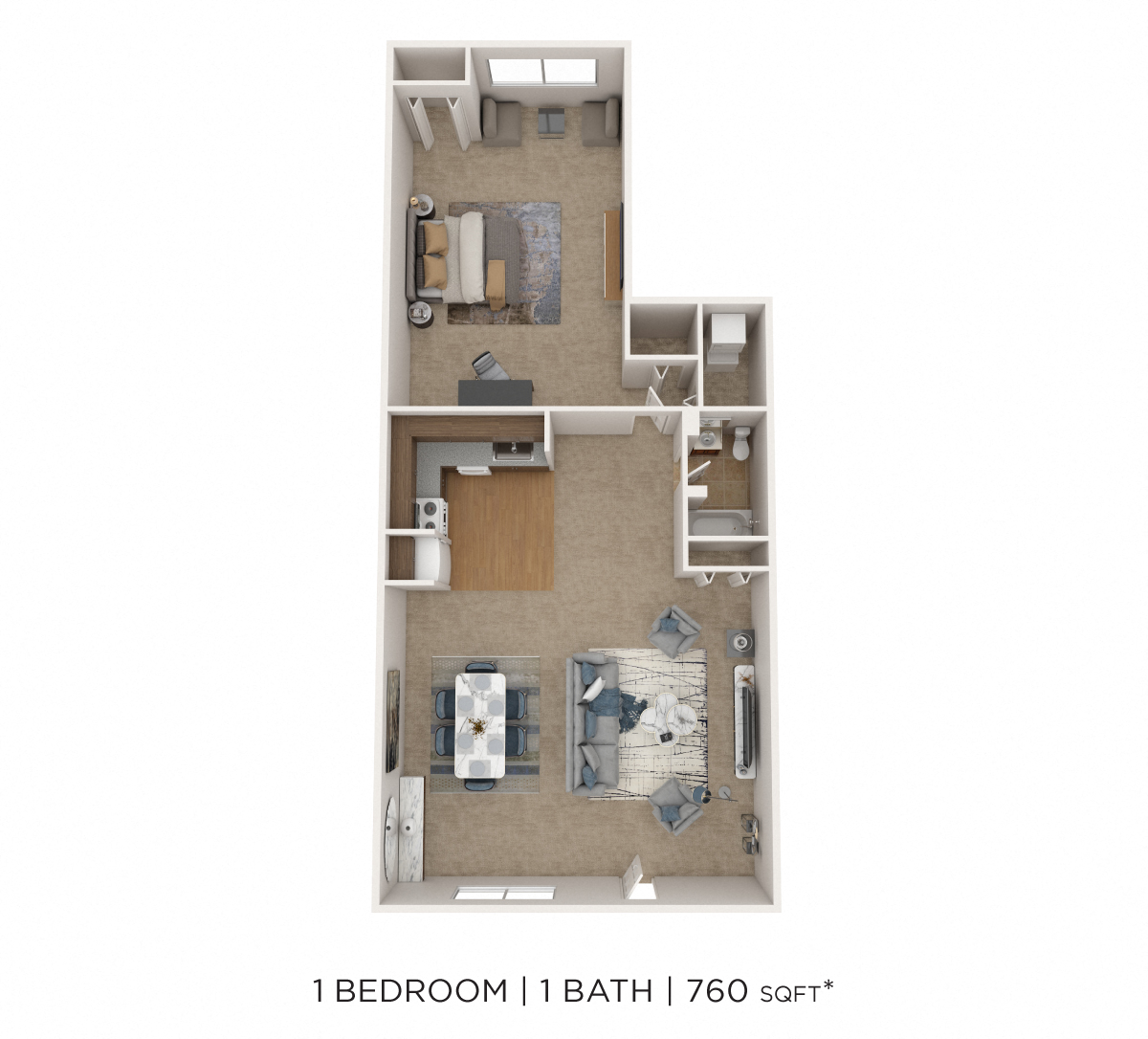 Floor plan for 1 bed, 1 bath, 760 sqft