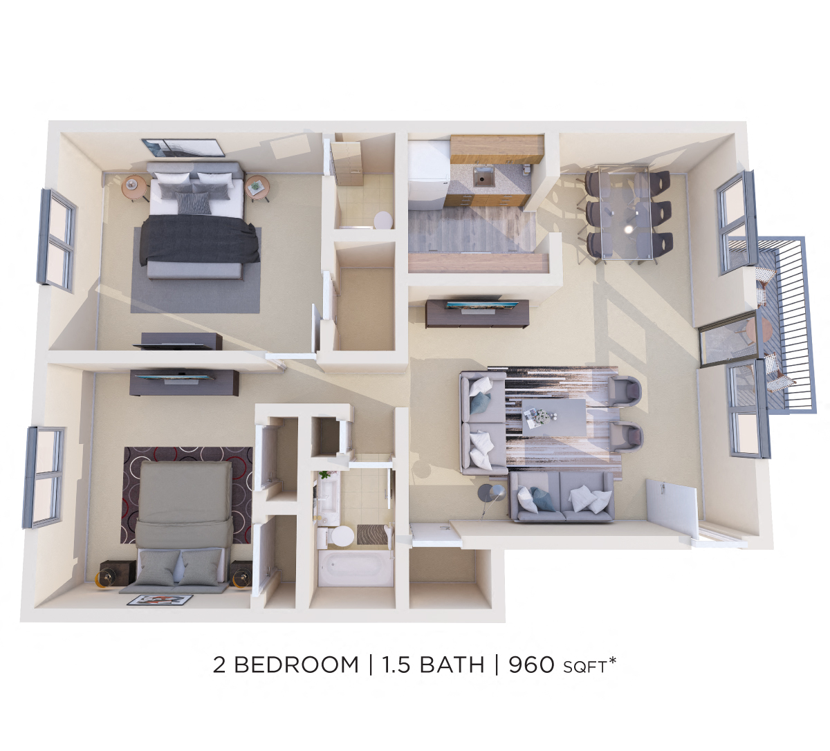 Floor plan for 2 beds, 1.5 baths, 960 sqft