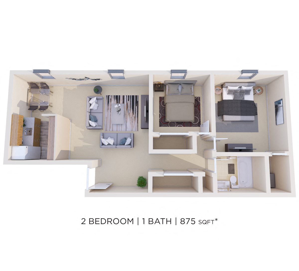 Floor plan for 2 beds, 1 bath, 875 sqft