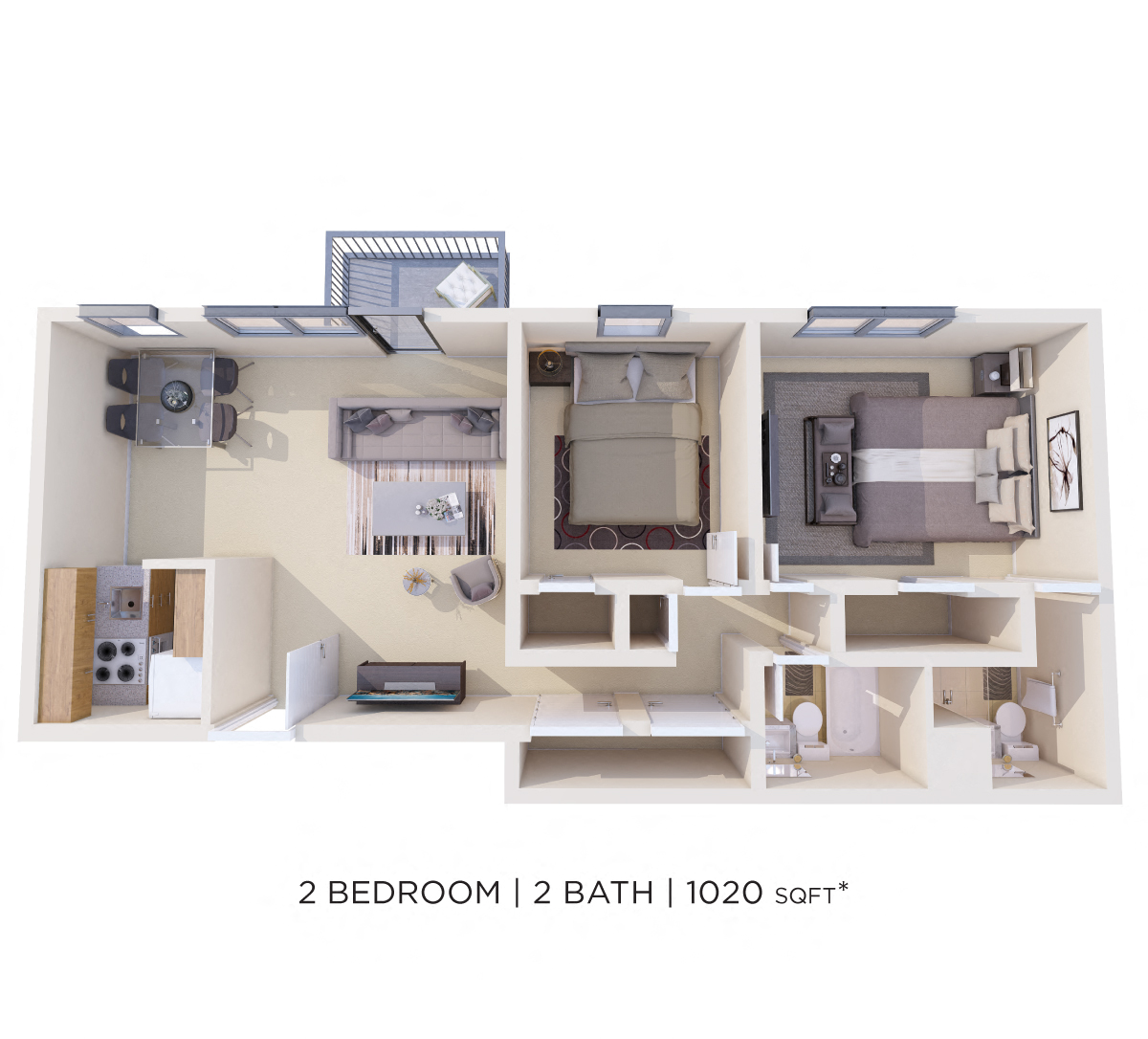 Floor plan for 2 beds, 2 baths, 1020 sqft